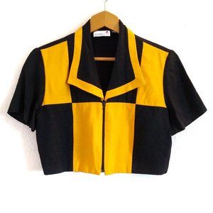 90s Yellow & Black Colorblock Zip Front Crop Top
